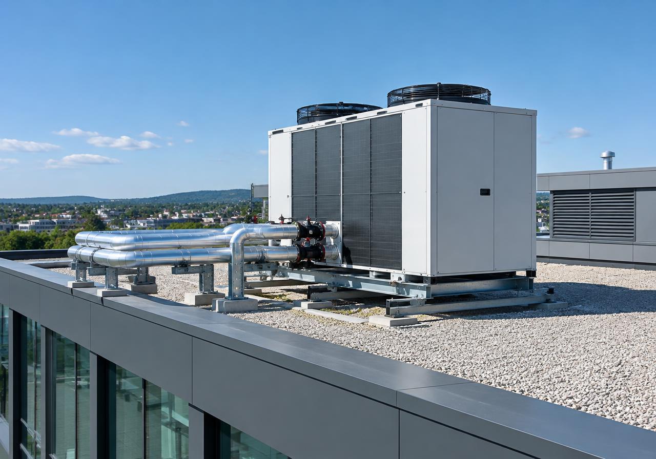 Pompe à chaleur installée en toiture d'un bâtiment tertiaire